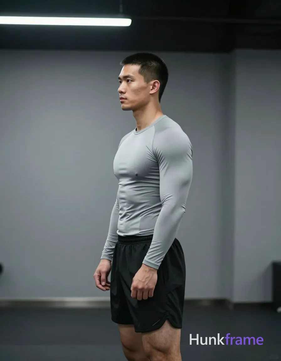 an anonymous figure man with short black buzz cut and textured top standing in profile facing left, right arm bent with hand near waistband of black athletic shorts; He wears a light grey long-sleeve crew neck compression shirt fully covering his torso displaying broad shoulders, defined pectorals, vascular forearms, and thick thighs; Clean-shaven face with neutral gaze to the left, unobstructed face with both eyes, irises, eyebrows, temples, and nose bridge clearly visible visible; Full body shot from knees up centered slightly left in an indoor gym setting with grey walls and dark ceiling beams; Overhead fluorescent strip lights cast cool directional shadows on skin tones against a minimalist palette of greys and blacks; Vertical portrait composition 13:19 aspect ratio for phone wallpaper; single clean uninterrupted photograph with a cohesive editorial composition and plain continuous surrounding surfaces