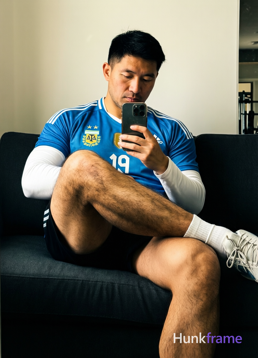 Asian man with light-medium skin and black short styled hair sits on a dark sofa