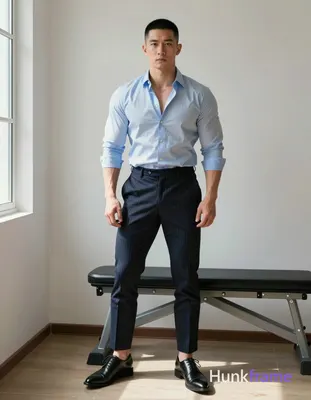 Asian man with short black buzz cut and clean-shaven face, standing casually in a sunlit home gym co