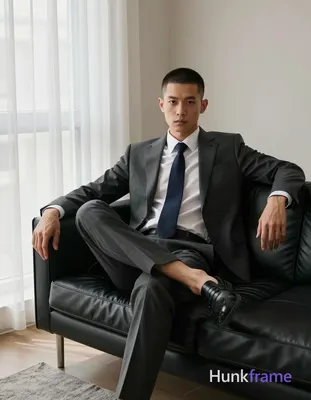 an anonymous figure man with short buzz cut and clean-shaven face, neutral intense gaze seated on bl