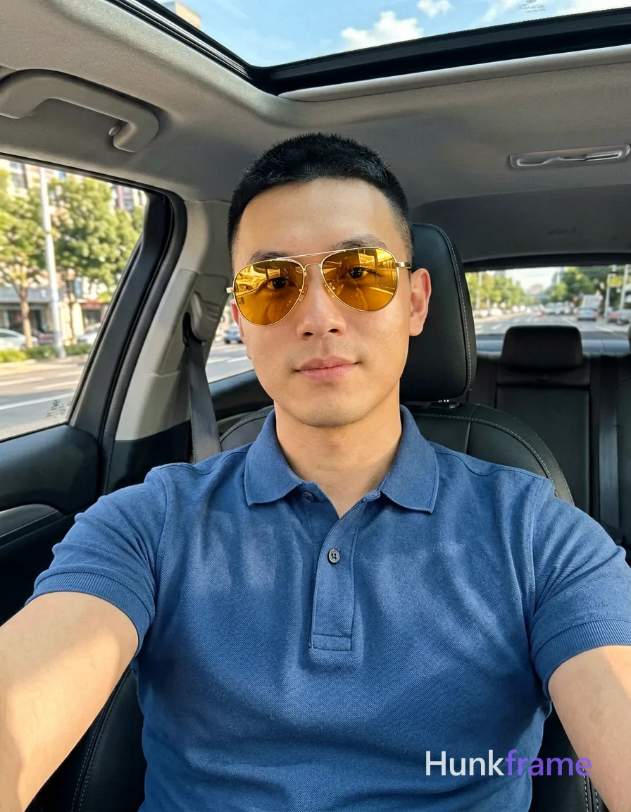 an anonymous figure man with light-medium skin and a short buzz cut featuring black textured top layer, wearing gold-rimmed aviator sunglasses with reflective amber lenses resting on the nose bridge; He is seated in the driver's seat of a car, leaning back against the headrest while extending his left arm outward holding an invisible device for a selfie angle; Dressed in a blue short-sleeved polo shirt with buttoned placket and single visible button, fully clothed adult torso showing broad shoulders and defined collarbones; Portrait crop from chest up to forehead, center-left composition occupying majority of frame, head slightly tilted toward camera; Interior of modern vehicle during daylight hours with sunroof open revealing sky above; city street visible through windows with trees and buildings in distance; Natural sunlight streaming from left side creating soft shadows on right cheek and neck; High-resolution smartphone photography with slightly warm white balance and shallow depth of field blurring background street scene, conveying trendy social-feed lifestyle vibe; The adult man visibly wears; single clean uninterrupted photograph with a cohesive editorial composition and plain continuous surrounding surfaces