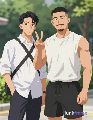 Two adult Asian men in a vertical anime portrait, right foreground subject features short black buzz