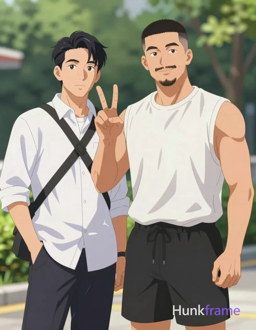 Two adult Asian men in a vertical anime portrait, right foreground subject features short black buzz cut with mustache and goatee, smiling at camera while standing and making peace sign with bent right arm. He wears white sleeveless crew-neck t-shirt and black drawstring shorts showing broad shoulders and thick arms. Left background man has side-parted hair, neutral expression, left hand in pocket wearing white shirt with crossbody strap. Outdoors daytime setting with soft focus green foliage background, polished 2.5D game art style., a single uninterrupted photograph only, no written words or typography anywhere in frame, no captions, no app UI, no social-media post layout, no screenshot borders