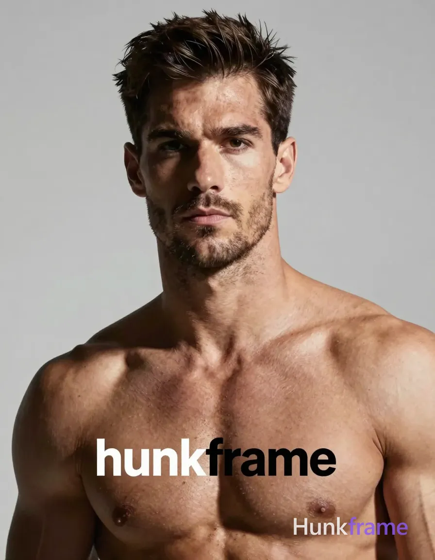 A muscular adult man with light to medium skin, dark brown short textured hair styled upward, and short stubble on his jawline. He is shirtless, exposing broad shoulders, defined collarbones, visible pectoral muscles, chest, neck, and collarbones in a head-and-shoulders close-up facing forward with a slight head tilt against a plain light gray studio background. Dramatic directional lighting from upper left casts high contrast shadows on his face and neck within fine-art photography style. The image features the wordmark 'hunkframe' visible as text. Confident strength, defined anatomy. Include exactly one visible wordmark, spelled exactly "hunkframe", in the same compositional text position; preserve its appropriate typography and scale. No other visible text, logo, caption, username, hashtag, comment, watermark, or UI chrome., a single uninterrupted photograph only, no written words or typography anywhere in frame, no captions, no app UI, no social-media post layout, no screenshot borders