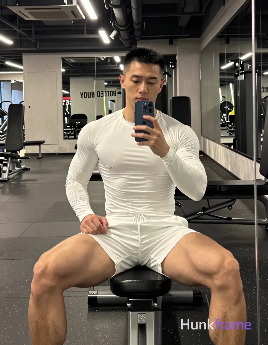 Asian man with short black buzz cut and clean-shaven face, neutral direct gaze into mirror reflection, seated on gym bench facing forward; Shirtless adult wearing white long-sleeve compression shirt covering torso from neck to waistline and matching white athletic shorts ending mid-thigh with visible drawstring waistband; Legs spread wide apart with knees bent, thighs prominently displayed showing thick quads and defined glutes; calves partially visible below hem; Holding dark blue smartphone vertically in right hand capturing mirror reflection, left hand resting on left thigh near hip area; Indoor gym environment with exposed ceiling pipes, industrial lighting fixtures, black rubber flooring speckled with white flecks, mirrored walls reflecting fitness equipment behind him on right side and wall text 'YOUR DEST'; Overhead track lights casting directional shadows across face and torso, ambient fluorescent glow creating soft highlights on light-medium skin tones; High-contrast gym photography, mirror selfie composition, candid iPhone selfie energy, real lifestyle scene, vertical social-feed look, trendy influencer vibe; FULL TEXT REPLACEMENT: remove every original source word; single clean uninterrupted photograph with a cohesive editorial composition and plain continuous surrounding surfaces
