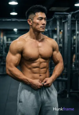 Photograph of exactly 1 adult man. Man 1: Asian, light tan, square jawline with defined cheekbones a