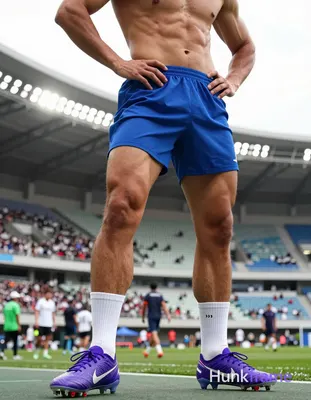 Photorealistic photograph of a shirtless muscular male athlete standing with han