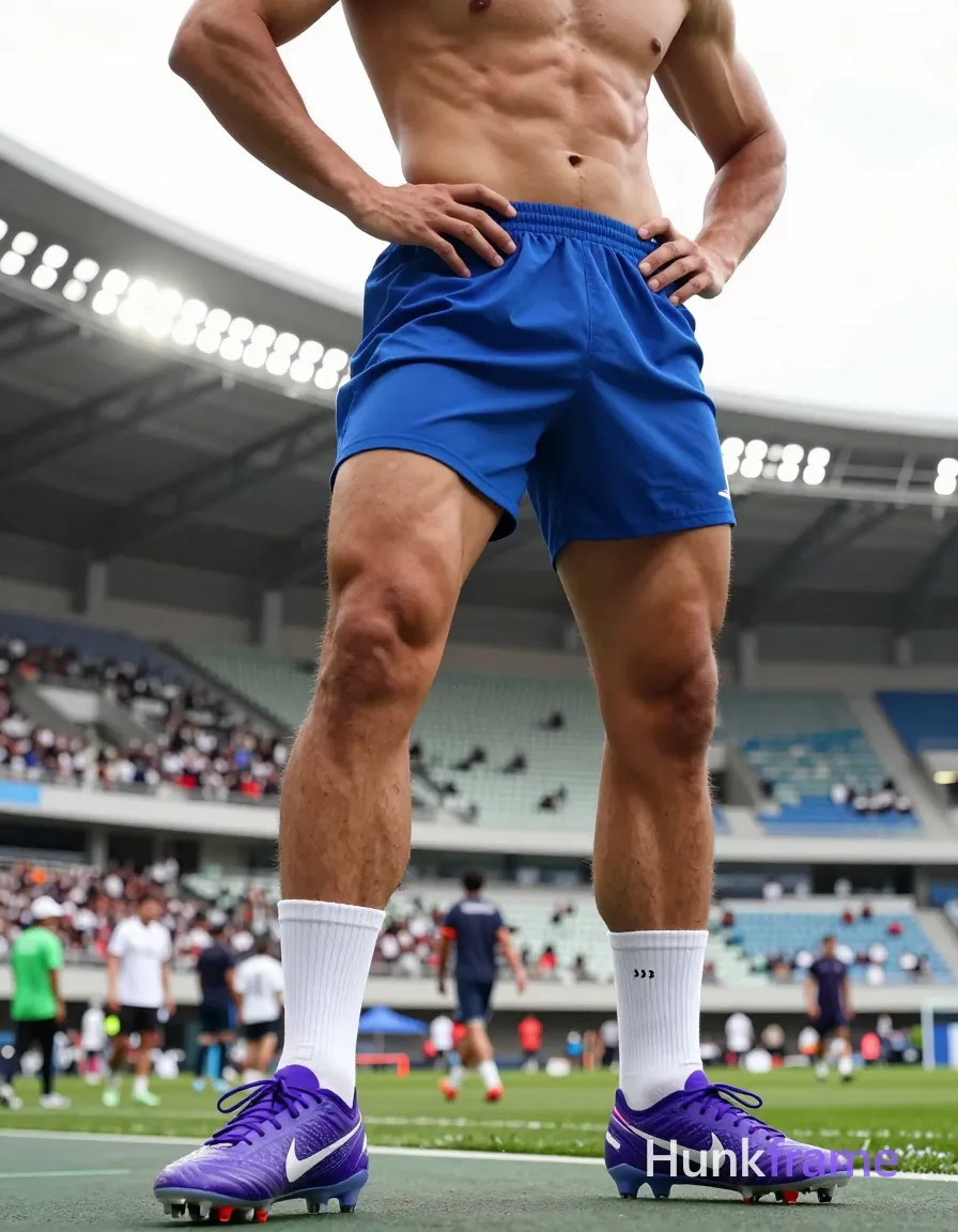 Photorealistic photograph of a shirtless muscular male athlete standing with hands on hips, back to camera, wearing blue shorts and white socks. The subject has thick thighs and is in a sports stadium setting with bright lighting and a crowd in the background. Head out of frame, shoulders visible, torso crop only. Mood: athletic, casual, energetic. Lighting: natural daylight from overhead stadium lights. Color palette: vibrant blues and purples for the soccer cleats, contrasting white socks against blue shorts and tanned skin. Setting: modern sports arena with spectators in the background., shot on iPhone 15 Pro main camera, authentic smartphone computational photography, natural Smart HDR and true-to-life skin texture, vertical 9:16 Xiaohongshu lifestyle feed, bright clean everyday scene, unretouched phone photo with subtle sensor grain, trendy Chinese internet 网红 aesthetic, candid influencer energy