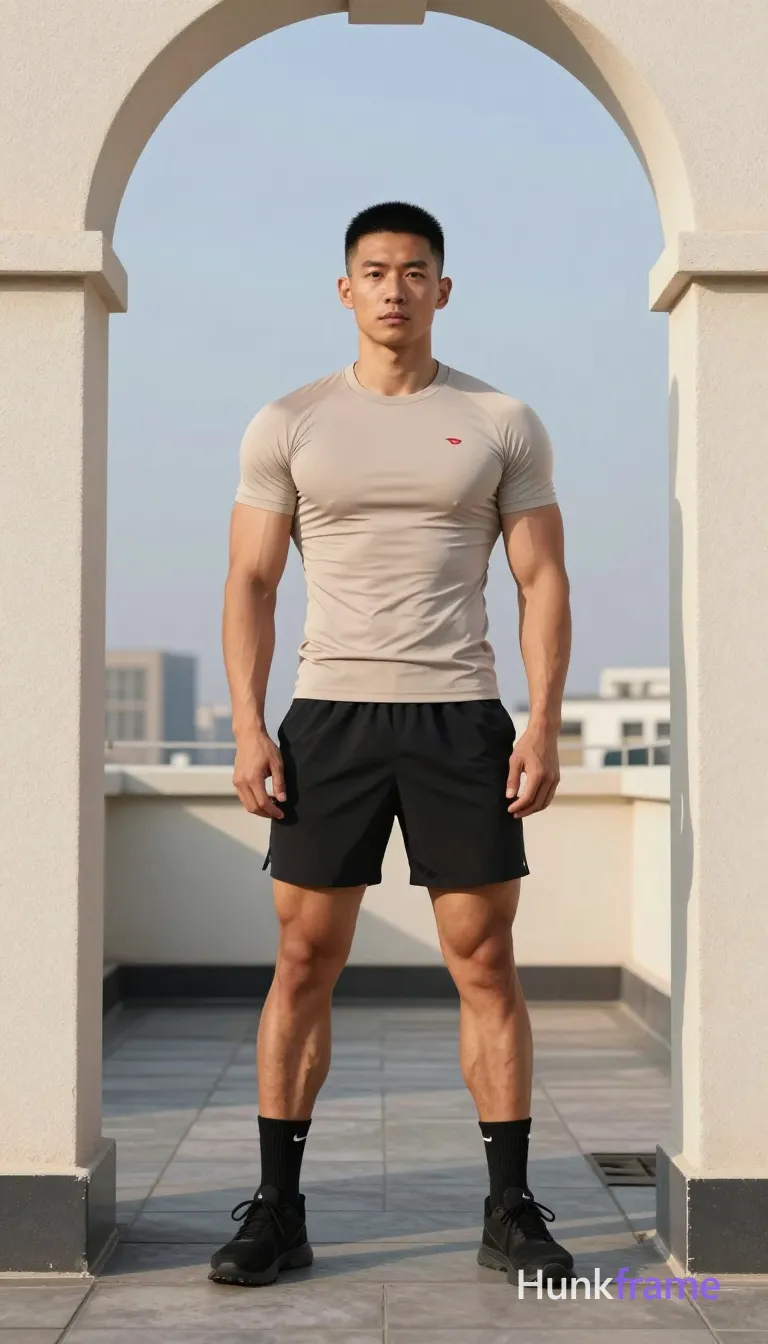 Asian man with light to medium tan skin and short black straight hair, clean-shaven head and face; He stands upright in a full body shot framed vertically through an archway formed by two stone pillars on a rooftop terrace under open sky; Wearing tight-fitting light beige compression-style t-shirt with small red logo on left chest, black athletic shorts ending mid-thigh, black crew socks with white Nike swoosh, and black athletic sneakers; Broad shoulders, defined pectorals, visible abdominal definition, thick thighs, well-developed quadriceps and calves; Neutral to serious gaze directed at camera, hands resting lightly near waistband of shorts; Natural daylight from above creating soft shadows on face and torso, warm ambient glow indicating low sun angle late afternoon; Clean lines, architectural framing, natural skin tones, high contrast between subject and background, minimalist urban rooftop setting; single clean uninterrupted photograph with a cohesive editorial composition and plain continuous surrounding surfaces