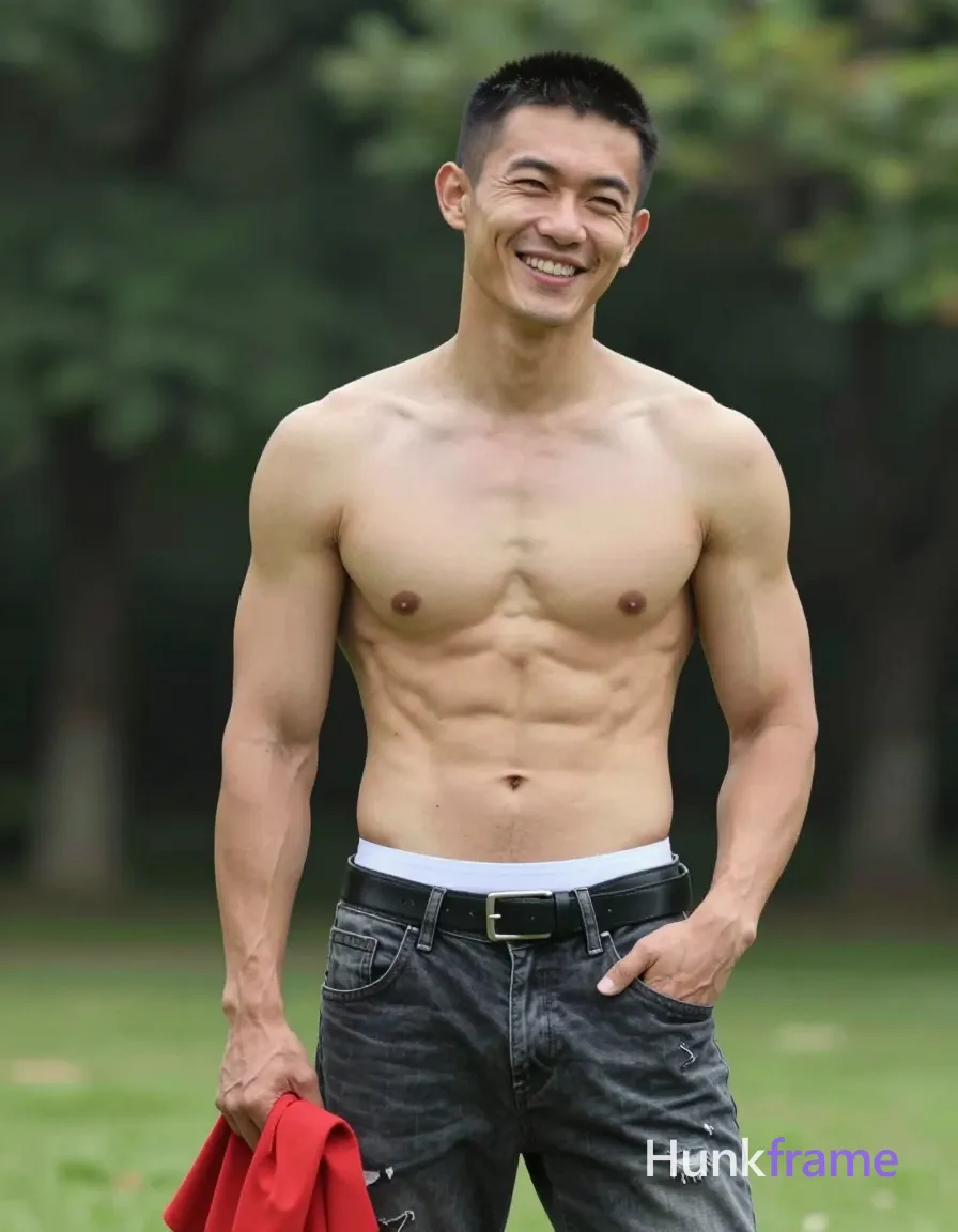 Asian man with light tan skin and short black buzz cut stands upright in a park setting, smiling broadly with slight head tilt to right; Shirtless adult displaying broad shoulders, defined pectorals, six-pack abs, visible vascularity on arms; dark grey distressed jeans with belt loops and silver buckle, black leather belt, white underwear waistband visible above pants; Right hand holds red garment at hip level while left hand rests in pocket; Natural daylight casts soft shadows on torso against lush green foliage background; Candid lifestyle portrait composition focusing on upper body from head to mid-thighs; single clean uninterrupted photograph with a cohesive editorial composition and plain continuous surrounding surfaces