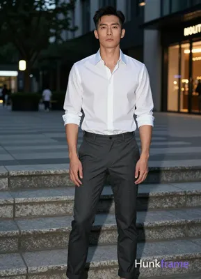 Asian man with short black straight side-parted hair and clean-shaven neck, neut