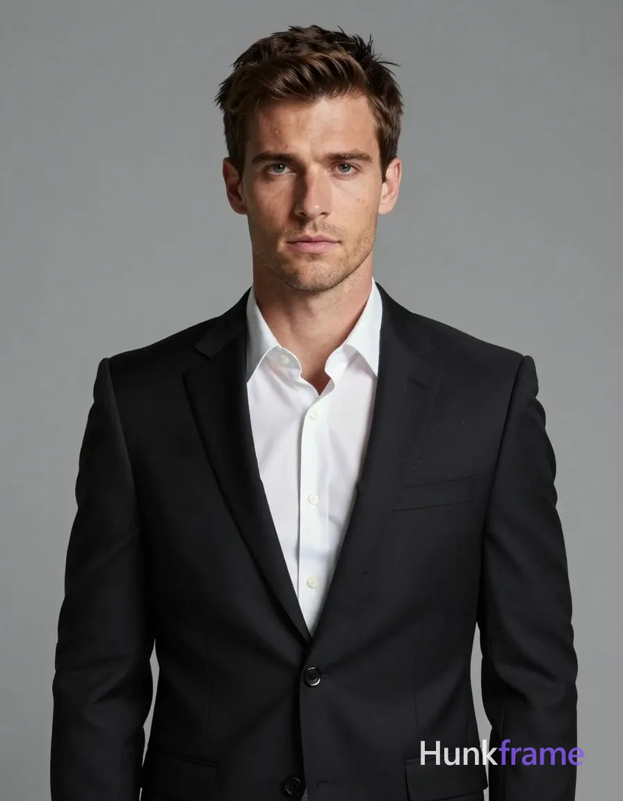 A handsome Caucasian man with fair to light tan skin and subtle natural texture stands in a high-resolution studio portrait; He has short dark brown hair neatly styled with a slight side parting, clean-shaven chin and jawline with very light stubble on the upper lip only; Wearing a black suit jacket with structured lapels over a white button-down dress shirt where the top two buttons are undone, his slim build is captured from mid-chest up; He faces forward with shoulders squared to camera in a neutral composed pose with direct gaze toward lens under softbox frontal lighting against seamless grey background; single clean uninterrupted photograph with a cohesive editorial composition and plain continuous surrounding surfaces