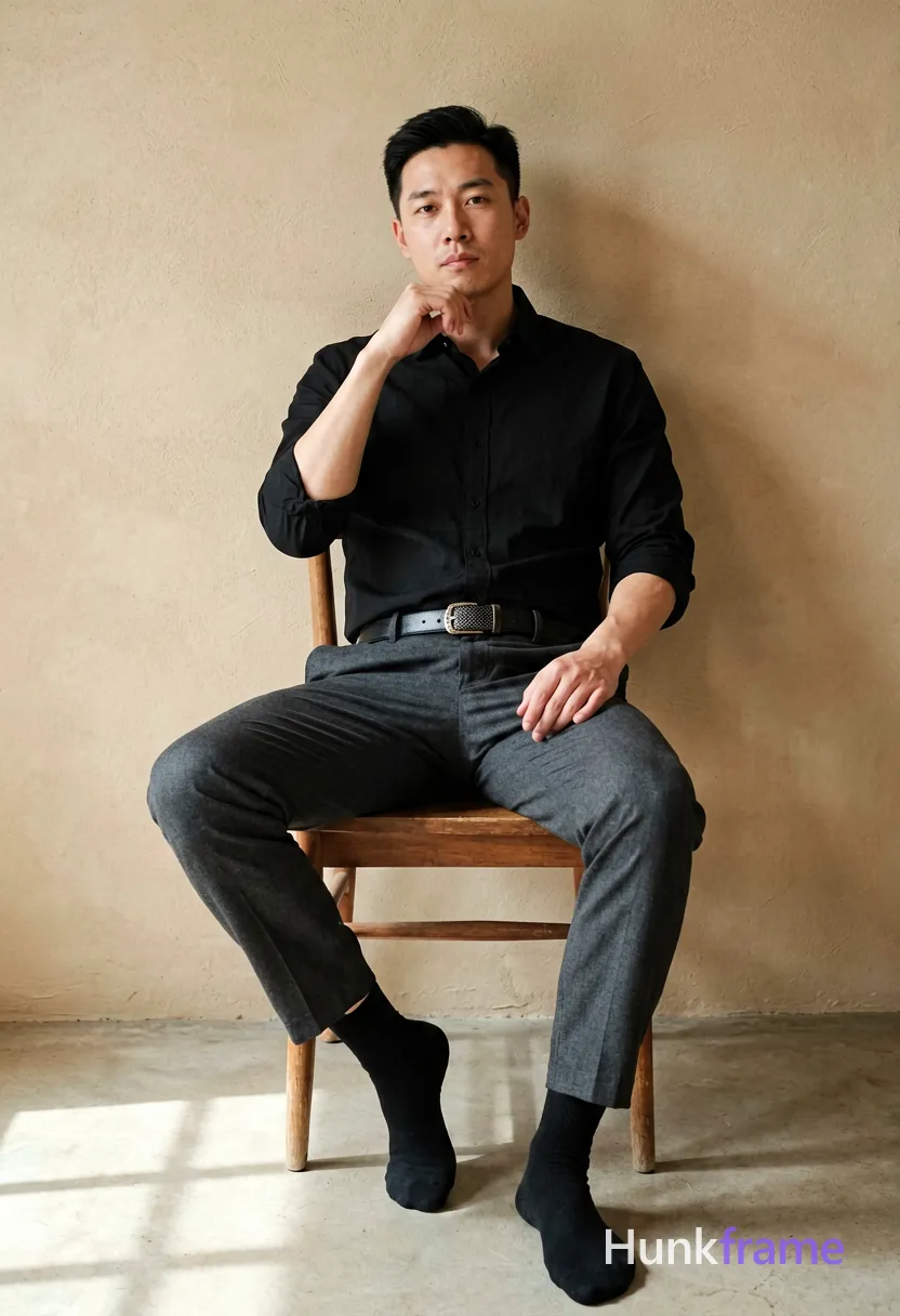 Adult man with short black hair and clean-shaven face sits in a wooden chair, leaning back against a textured beige wall. He wears a black button-down shirt sleeves rolled to elbows, dark grey trousers, a black belt with a textured buckle, and black socks. His left leg crosses over his right knee while he rests his right hand near his chin in a contemplative gesture. Natural directional light from the left casts soft shadows on the floor and highlights his lean build. The composition is an editorial full-body shot from knees to head, centered vertically with a sophisticated minimalist mood., wearing underwear or swim trunks, covered genitals, no frontal nudity, a single uninterrupted photograph only, no written words or typography anywhere in frame, no captions, no app UI, no social-media post layout, no screenshot borders