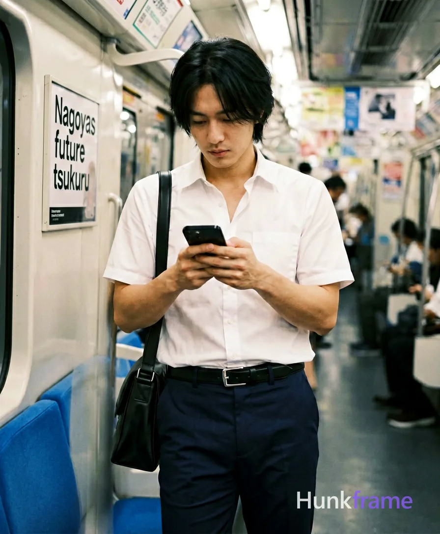 Asian man with light-medium skin, black medium-length layered hair with side-swept bangs, clean-shaven face. Standing leaning against subway wall left shoulder pressed to panel, right arm bent holding black smartphone in front of chest, thumbs scrolling. Wearing white short-sleeved button-up shirt collared top two buttons undone, dark navy tailored trousers, black leather belt rectangular silver buckle. Black leather shoulder bag slung over left shoulder hanging along right hip thigh area. Vertical full-body to mid-thighs center-right foreground occupying majority vertical frame head to mid-thighs. Interior modern Japanese subway car blue upholstered seats overhead handrails fluorescent lighting visible advertisements on walls including one reading Nagoyas future tsukuru. Bright even ambient interior lighting from ceiling fixtures soft shadows under chin and arms diffused overhead source. Clean composition shallow depth of field blurring background passengers high-resolution editorial photography aesthetic naturalistic color grading without heavy filters stylization homoerotic undertone via focused gaze body tension premium fashion editorial aesthetic dramatic yet natural lighting sculpted masculine physique emphasized through pose framing. FULL TEXT REPLACEMENT: remove every original source word, sentence, slogan, logo, and partial spelling from the text-bearing area, then replace it with only the wordmark, spelled exactly "hunkframe" on the sign in the composition. This is replacement, never addition; no original source letters may remain. Preserve appropriate typography and scale. No other visible text, logo, caption, username, hashtag, comment, watermark, or UI chrome., wearing underwear or swim trunks, covered genitals, no frontal nudity, a single uninterrupted photograph only, no written words or typography anywhere in frame, no captions, no app UI, no social-media post layout, no screenshot borders