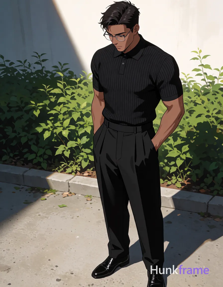 Polished anime style adult man with medium-dark skin and short dark hair featuring a visible left parting, wearing thin metal frame rectangular glasses worn on face; He stands upright on concrete looking downward at the ground in a contemplative pose, hands deep inside front pockets of high-waisted black pleated trousers revealing thick thighs; Black ribbed polo shirt covers torso with collar buttoned to neck; short sleeves end mid-bicep showing defined biceps and forearms; Broad shoulders frame the silhouette against green foliage under bright sunlight casting sharp shadows from above-left; High-contrast lighting sculpts physique in a 2.5D next-gen game art aesthetic, full-body shot center-right composition; The adult man visibly wears thin metal frame glasses worn on face, rectangular shape with minimal rim thickness, clear lenses on his face; preserve the exact frame shape, rim style, color, material, and lens tint; single clean uninterrupted artwork with a cohesive composition and plain continuous surrounding surfaces