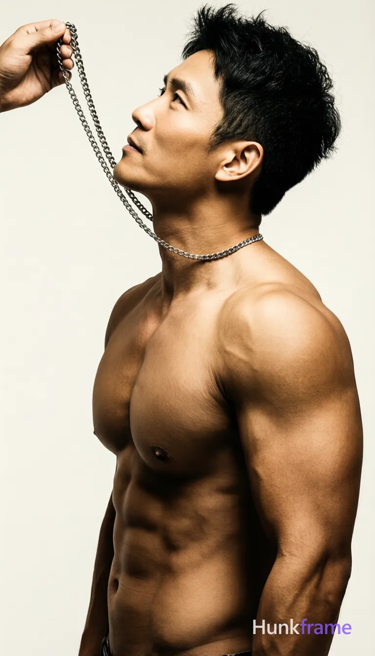 Asian man with light to medium tan skin and short textured black hair, clean-shaven face; Standing in profile facing left, torso upright but relaxed, head tilted upward slightly back, eyes gazing up at a silver chain necklace held by an unseen hand entering from the left edge; Shirtless adult male defined pectorals separating clearly from deltoids, visible abdominal musculature including rectus abdominis segments and obliques, broad shoulders tapering to narrow waist, thick triceps with vascularity; Waist-up portrait occupying right two-thirds of frame against a plain background; left third shows the hand holding chain ring; High-key studio lighting with soft shadows emphasizing anatomy and form, monochromatic palette dominated by skin tones and metallic accents; Athletic photography focusing on defined strength; single clean uninterrupted photograph with a cohesive editorial composition and plain continuous surrounding surfaces