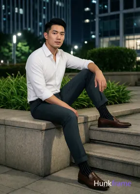 Asian man with short black side-parted slick-back hair and clean-shaven face, neutral expression mou