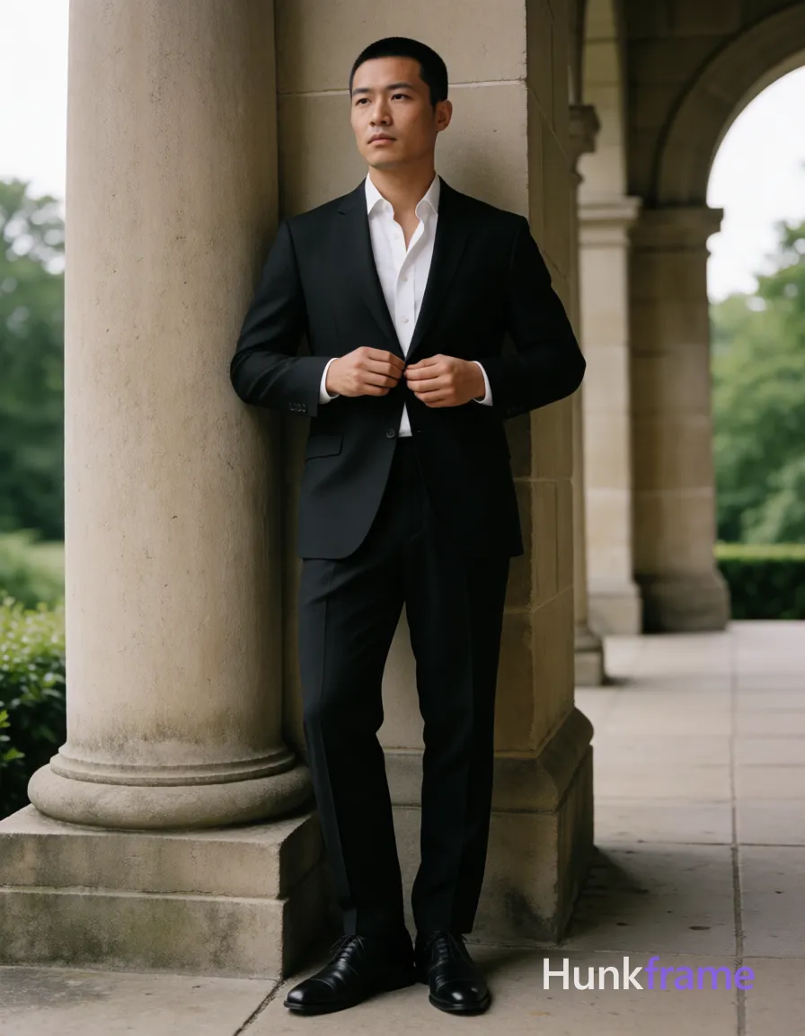 Asian man with short black buzz cut and clean-shaven face, neutral serious expression gazing off-camera left; Standing leaning against a stone column, right shoulder pressed in, weight on left leg while right foot rests on the base, knees slightly bent; Buttoning white button-down dress shirt under open collar without tie near mid-torso with both hands at chest level; Wearing black two-piece suit jacket and trousers, unobstructed face with both eyes, irises, eyebrows, temples, and nose bridge clearly visible visible, skin light-medium tone; Black leather oxford shoes, artistic partial nude neck exposed; Full-body shot center-left against large stone column background showing arched colonnade and greenery beyond; Soft natural daylight diffused by overcast sky or shaded environment, even illumination across face and body; Fine-art photography fashion editorial aesthetic sculpted posing premium styling muted earth tones accented by black suit and white shirt, same aesthetic theme and photo feel as the reference but a different man in a different pose with distinct body proportions, Pacific Islander man, sun-kissed skin; single clean uninterrupted photograph with a cohesive editorial composition and plain continuous surrounding surfaces