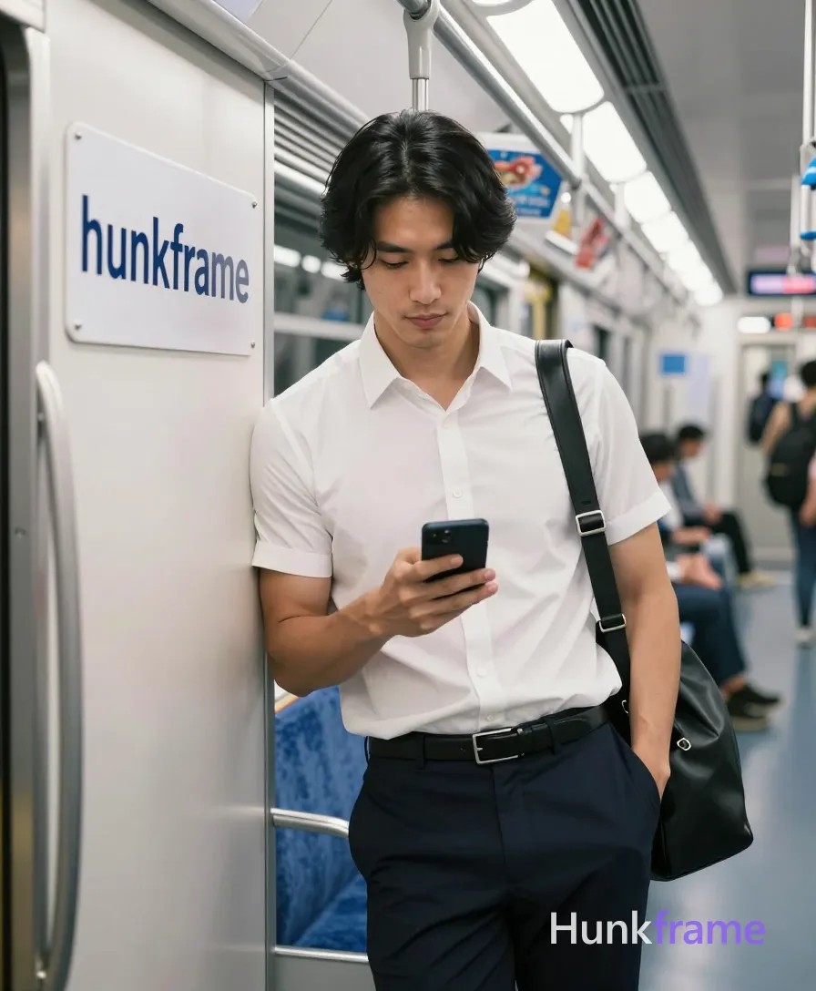 Asian man with light-medium skin, black medium-length layered hair with side-swept bangs, clean-shaven face. Standing leaning against subway wall left shoulder pressed to panel, right arm bent holding black smartphone in front of chest, thumbs scrolling. Wearing white short-sleeved button-up shirt collared top two buttons undone, dark navy tailored trousers, black leather belt rectangular silver buckle. Black leather shoulder bag slung over left shoulder hanging along right hip thigh area. Vertical full-body to mid-thighs center-right foreground occupying majority vertical frame head to mid-thighs. Interior modern Japanese subway car blue upholstered seats overhead handrails fluorescent lighting visible advertisements on walls including one reading Nagoyas future tsukuru. Bright even ambient interior lighting from ceiling fixtures soft shadows under chin and arms diffused overhead source. Clean composition shallow depth of field blurring background passengers high-resolution editorial photography aesthetic naturalistic color grading without heavy filters stylization athletic physique broad shoulders defined biceps forearms slim waist confident strength directional light. FULL TEXT REPLACEMENT: remove every original source word, sentence, slogan, logo, and partial spelling from the text-bearing area, then replace it with only the wordmark, spelled exactly "hunkframe" on the sign in the composition. This is replacement, never addition; no original source letters may remain. Preserve appropriate typography and scale. No other visible text, logo, caption, username, hashtag, comment, watermark, or UI chrome., same aesthetic theme and photo feel as the reference but a different man in a different pose with distinct body proportions, Mediterranean Italian man, olive skin, wavy dark hair, lean surfer body, a single uninterrupted photograph only, no written words or typography anywhere in frame, no captions, no app UI, no social-media post layout, no screenshot borders