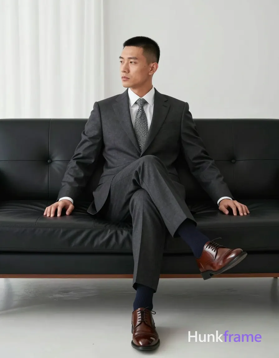 an anonymous figure man with short black buzz cut and clean-shaven face sits in three-quarter profile on a black leather sofa, right leg crossed over left knee at mid-thigh; He wears a dark charcoal single-breasted suit jacket, matching trousers with sharp creases, white dress shirt collar visible above a geometric gray/black/white tie knot, dark navy crew-neck socks to mid-calf, and brown polished lace-up oxford shoes showing toe reflections; Torso leans back against the cushion; shoulders angled toward camera while head tilts subtly left; Modern interior setting features large window with sheer white curtains behind his left shoulder allowing diffused natural light; Soft ambient daylight creates gentle highlights on face and suit fabric; Clean lines, minimalist composition, high-key exposure with controlled contrast conveying rugged warm confidence through composed posture despite slim build constraints; Vertical portrait orientation capturing head through mid-calves centered horizontally; single clean uninterrupted photograph with a cohesive editorial composition and plain continuous surrounding surfaces