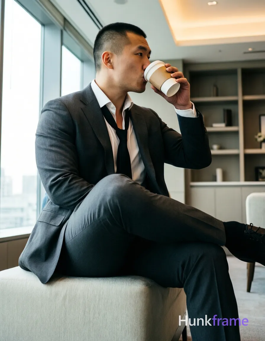 Asian man with short buzz cut and clean-shaven face in profile, seated sideways on a light-colored upholstered ottoman; He wears a dark grey single-breasted suit jacket over an unbuttoned white dress shirt exposing the upper chest and collarbone, paired with loose black tie and slim-fit trousers revealing broad shoulders and thick thighs under fabric; Left leg bent with foot on cushion, right leg extended forward holding a beige disposable coffee cup mid-drink; Full-body low angle shot in a modern interior lounge with large windows and built-in shelving; Soft ambient lighting from overhead fixtures mixed with natural daylight entering the left window; Clean lines, minimalist decor, professional fashion photography style; single clean uninterrupted photograph with a cohesive editorial composition and plain continuous surrounding surfaces
