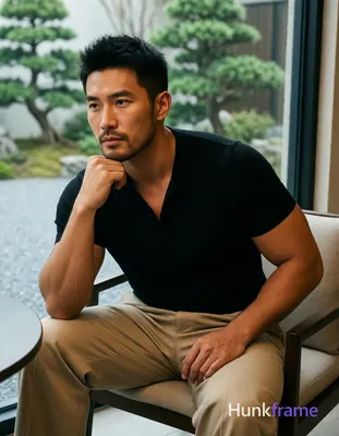 Photograph of exactly 1 adult man. Man 1: East Asian, medium tan with warm undertones, square jawlin