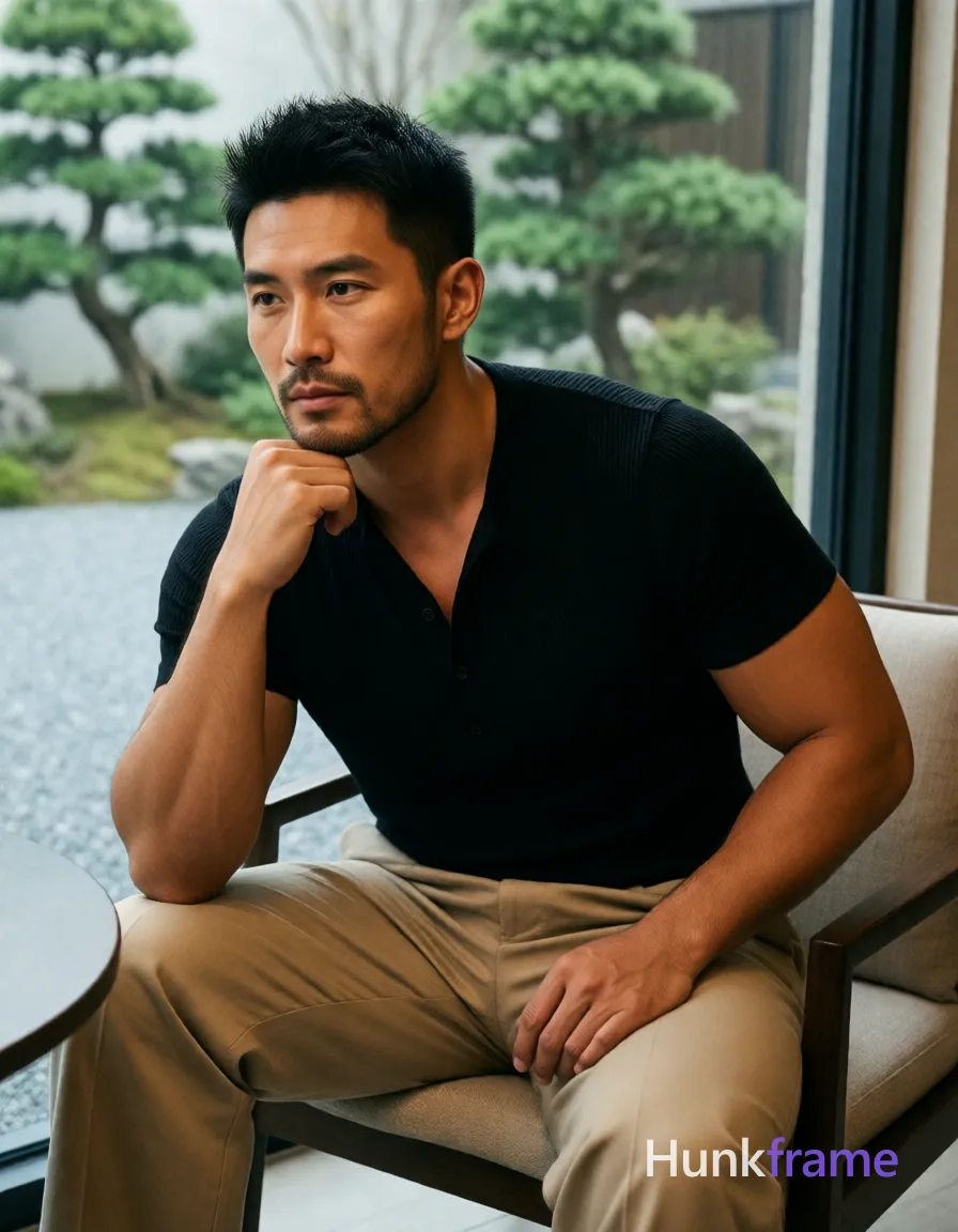Photograph of exactly 1 adult man. Man 1: East Asian, medium tan with warm undertones, square jawline, defined cheekbones, straight nose bridge, short spiky black hair, textured top, tapered sides and back, clean-shaven chin and jawline, faint stubble on upper lip only. Man 1 has fully exposed eyes, eyebrows, temples and nose bridge. East Asian man with medium tan skin, broad shoulders sits contemplatively. Seated sideways on chair with left arm along backrest, right hand supporting chin. Black ribbed Henley shirt reveals upper chest while beige wide-leg trousers hang loosely. Vertical portrait crop from mid-thigh up to head angled slightly downward at round table. Indoor lounge with large glass window overlooking gravel garden, manicured bonsai trees. Soft natural daylight highlights face and arms while warm ambient light casts subtle shadows. Fine-art photography aesthetic emphasizing sculpted masculine form in minimalist urban-chic palette