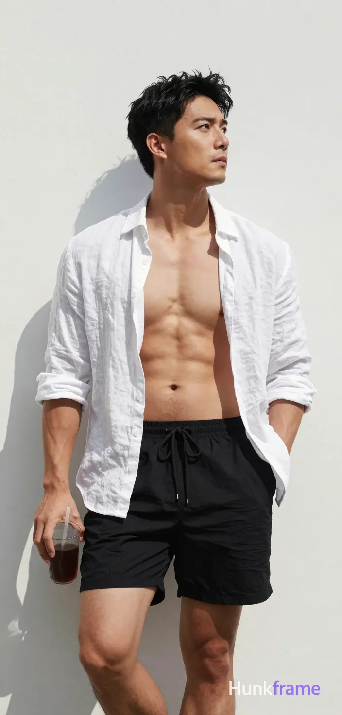 Asian man with light-medium skin and black short hair styled with volume, clean-shaven face looking upward right. Standing casually holding dark drink in one hand wearing white textured linen shirt unbuttoned at top revealing upper chest clavicles pectorals abdomen defined abs sleeves rolled black drawstring shorts ending above knee weight shifted onto left leg broad shoulders thick thighs relaxed confidence sun-drenched leisure premium lifestyle editorial tone high-contrast outdoor lighting emphasizing muscle definition clean lines minimal background distractions typical of fashion photography vertical phone-camera aesthetic head-to-thighs framing excluding feet entirely center-left composition occupies majority frame trendy influencer vibe candid iPhone rear-camera snapshot energy real lifestyle scene, a single uninterrupted photograph only, no written words or typography anywhere in frame, no captions, no app UI, no social-media post layout, no screenshot borders
