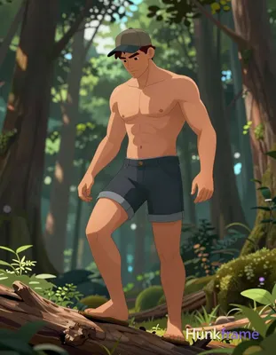 A polished anime-style illustration of a Caucasian man with light medium tan skin balancing on a fal