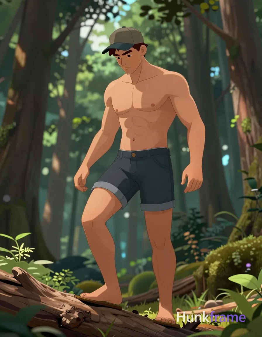 A polished anime-style illustration of a Caucasian man with light medium tan skin balancing on a fallen log in a dense forest; He is shirtless, displaying broad shoulders, defined pectorals, six-pack abs, and thick thighs while wearing dark denim shorts with the white an anonymous figure waistband visible above them; His short dark brown hair sits under a cap as he looks downward with focused intensity; The scene features high-quality 2.5D next-gen rendering of his athletic anatomy against green foliage and tall trees, same aesthetic theme and photo feel as the reference but a different man in a different pose with distinct body proportions, Slavic man, pale skin, ash blond stubble, tall athletic frame; single clean uninterrupted artwork with a cohesive composition and plain continuous surrounding surfaces