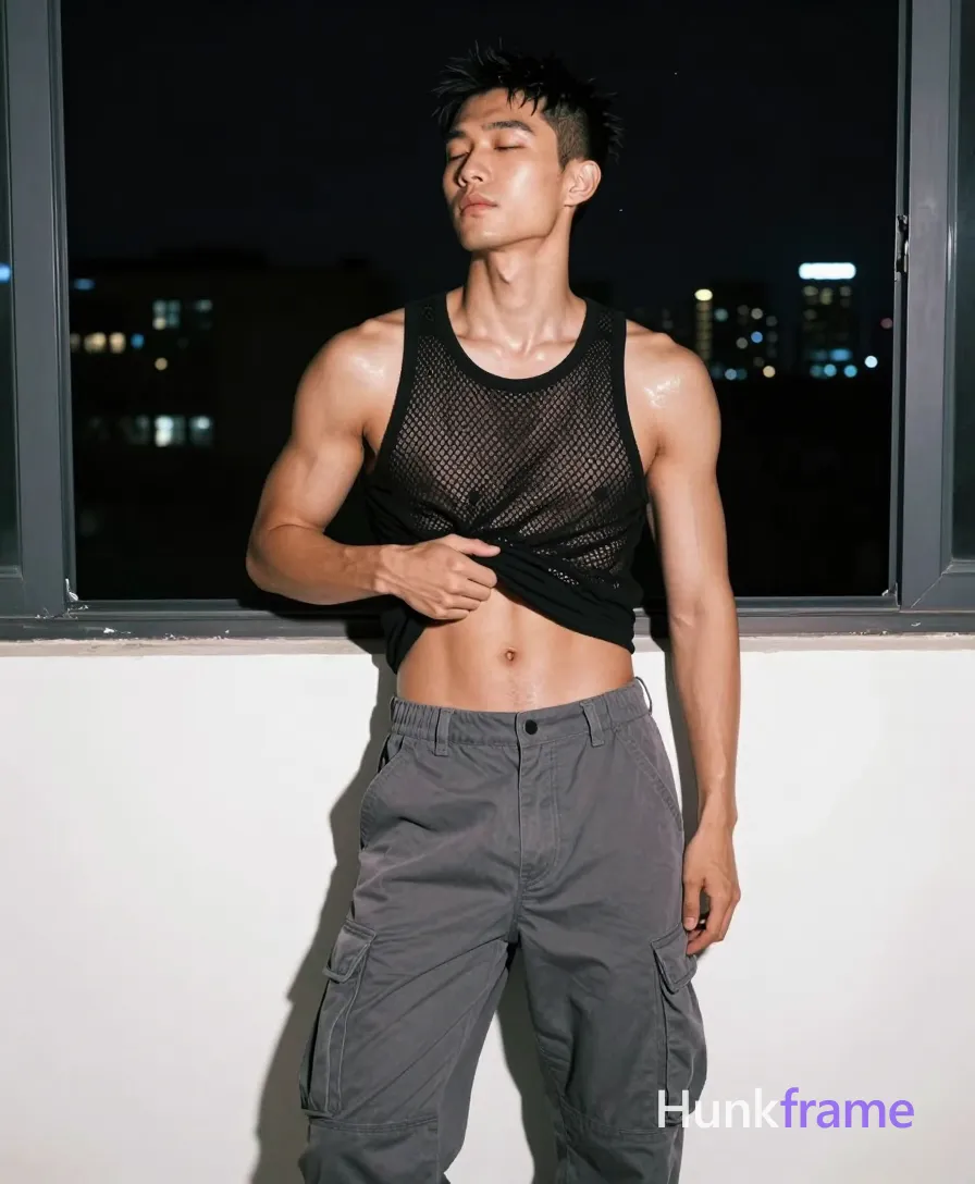 Asian man with light medium tan skin sheen and black short textured crop hair, clean-shaven face serene expression eyes closed head tilted back; Standing upright torso angled left pulling up black sheer diamond-patterned mesh tank top exposing bare chest abs thick thighs wearing grey cargo pants waistband mid-thigh; Indoor night setting white wall large window city lights background dramatic directional lighting front-right high contrast fine-art photography aesthetic vertical portrait full-body shot from thighs up to head; single clean uninterrupted photograph with a cohesive editorial composition and plain continuous surrounding surfaces
