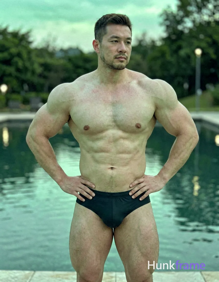 German man with fair skin and a strong brow ridge, shirtless, standing near a serene pool at dusk, greenish-blue tinted soft lighting enhancing his broad shoulders and muscular thighs, he leans slightly to one side with hands on hips, background is blurred and natural-looking