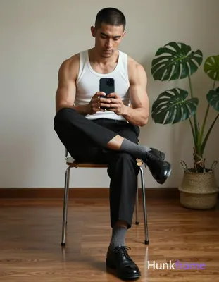 Asian man with short buzz cut and light-medium skin sits on a metal-framed chair, right leg crossed 