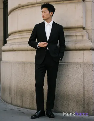 Asian man with short textured black hair styled upward and back, clean-shaven face, neutral composed