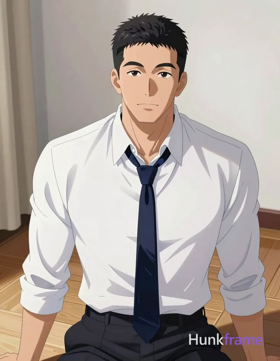 an anonymous figure adult man with short textured black hair and clean-shaven face, seated upright facing camera with slight forward lean in polished anime 2.5D next-gen game art style; He wears a white long-sleeve button-up shirt with collar open top two buttons undone and a dark navy blue velvet tie loosely knotted at neck hanging down center of chest; Medium closeup shot from upper thighs to head captures broad shoulders and defined collarbones against light wood flooring, white wall corner, beige curtain, partial chair view; Soft directional key light from front-left creates subtle shadows on right side of face and shirt folds with expressive face and athletic anatomy; single clean uninterrupted artwork with a cohesive composition and plain continuous surrounding surfaces