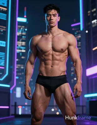A handsome masculine man standing in a neon-lit cyberpunk cityscape with hologra