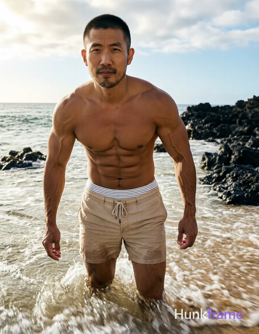 Asian man with short black buzz cut and light jawline stubble, shirtless in beige cotton swim trunks over white striped briefs; Standing upright in shallow ocean water facing camera directly, arms hanging loosely at sides with slight forward lean from current creating teasing tension against the water resistance; Broad shoulders, defined pectorals, six-pack abs with clear separation lines, vascular forearms and biceps; Beach shoreline setting with gentle waves lapping sand and dark volcanic rocks under partly cloudy sky; Bright natural sunlight from above-left casting soft shadows on right side of torso and face to sculpt masculine form; High-resolution smartphone capture with slight motion blur in water foreground; Vertical portrait orientation 13:19 aspect ratio, centered composition occupying head to mid-thighs; single clean uninterrupted photograph with a cohesive editorial composition and plain continuous surrounding surfaces