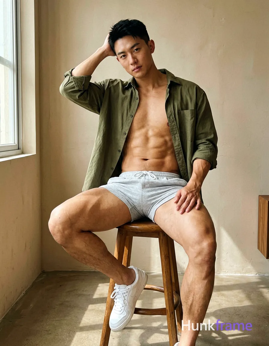 A handsome athletic man sitting on a stool with one leg crossed over the other, torso slightly leaned forward, hand resting on head. He is shirtless, wearing an olive green button-up shirt partially unbuttoned and light gray pants, with white sneakers. The image captures his defined abs and thick muscular thighs, showcasing his compact athletic build. Soft lighting from a window creates shadows around the stool, set against a neutral beige background in a relaxed indoor studio setting. Warm and natural color palette with tack-sharp focus., shot on iPhone 15 Pro main camera, authentic smartphone computational photography, natural Smart HDR and true-to-life skin texture, vertical 9:16 Xiaohongshu lifestyle feed, bright clean everyday scene, unretouched phone photo with subtle sensor grain, trendy Chinese internet 网红 aesthetic, candid influencer energy, wearing underwear or swim trunks, covered genitals, no frontal nudity