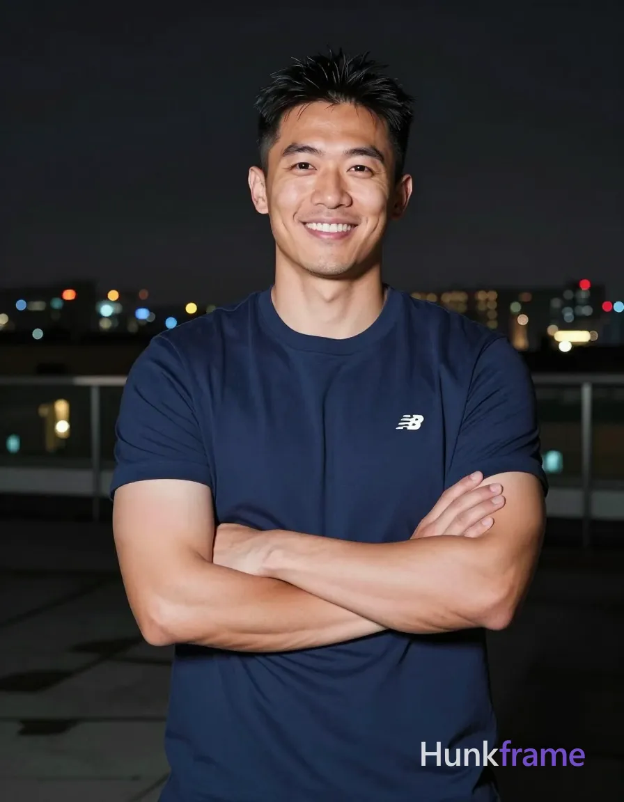 Asian man with light-medium skin and short black hair featuring a textured top and clean sides, clean-shaven face; He stands centered in a vertical portrait frame from head to mid-thighs, arms crossed over his chest facing forward with a broad confident smile showing teeth; Wearing a solid navy blue short-sleeve crew-neck t-shirt with a small white logo on the left chest, fully clothed adult build displaying broad shoulders and defined biceps; Set against an urban rooftop terrace at night where distant city lights reflect softly in puddles behind him; Low-key ambient night lighting provides soft frontal fill illuminating his face and upper torso while the background retains slightly soft focus for depth; single clean uninterrupted photograph with a cohesive editorial composition and plain continuous surrounding surfaces