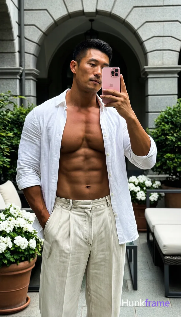 Asian man medium-dark tan skin standing upright in full-body vertical portrait, shirtless with white long-sleeved button-up worn open from collarbone down sleeves rolled to mid-forearm and off-white high-washed pleated trousers; Left hand inserted into front trouser pocket right arm raised holding pink iPhone for mirror selfie torso slightly angled toward viewer; Outdoor patio stone archway background potted white flowers cushioned seating area natural daylight soft shadows diffused sunlight green foliage stone gray architecture clean lines minimal distractions sculpted physique emphasized through lighting broad shoulders defined pectorals visible abs thick thighs confident sophisticated luxurious mood high-fashion editorial aesthetic, shot on iPhone 15 Pro main camera, authentic smartphone computational photography, natural Smart HDR and true-to-life skin texture, vertical 9:16 Xiaohongshu lifestyle feed, bright clean everyday scene, unretouched phone photo with subtle sensor grain, trendy Chinese internet 网红 aesthetic, candid influencer energy, phone held naturally in one hand for selfie, phone visible in frame; single clean uninterrupted photograph with a cohesive editorial composition and plain continuous surrounding surfaces