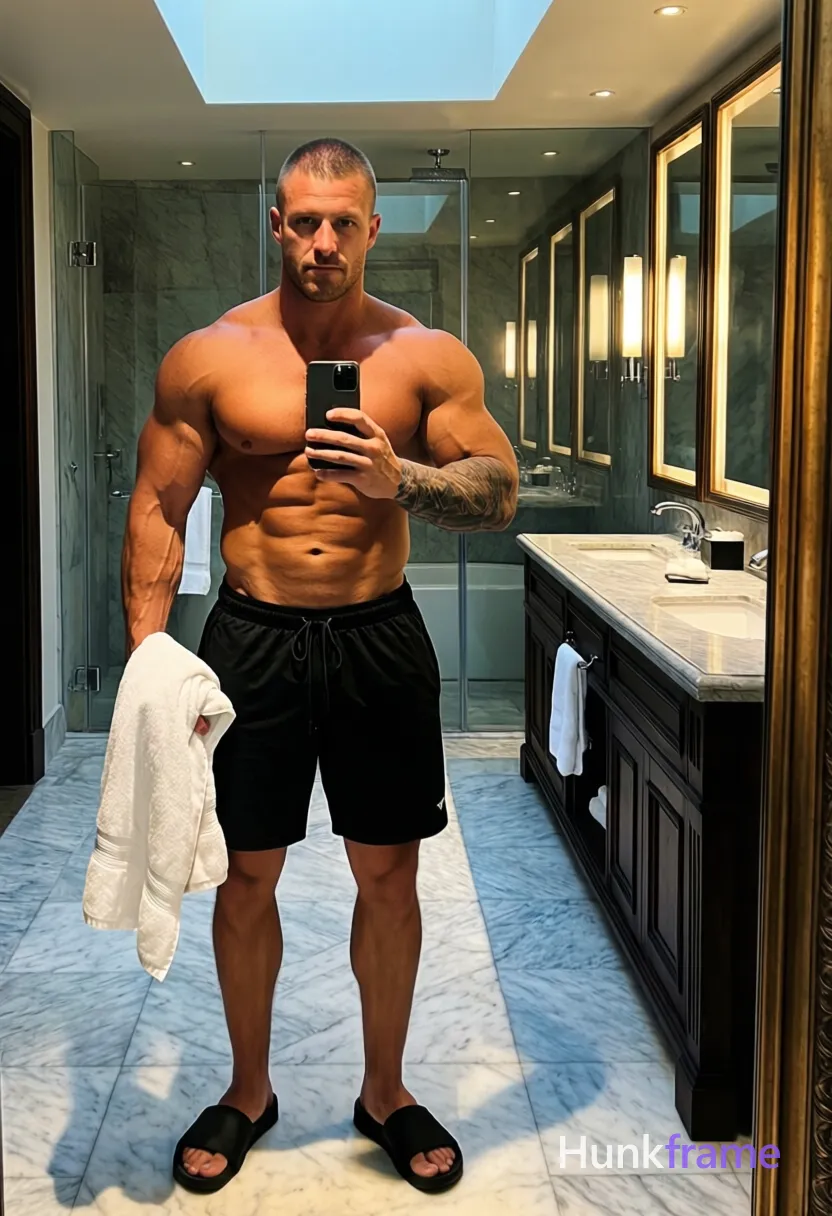 Caucasian man with light medium tan skin and buzz cut dark brown hair stands upright facing forward in a full-body vertical mirror selfie; He is shirtless revealing an extremely muscular build, defined abs, pectorals, broad shoulders, and thick thighs visible in black drawstring athletic shorts reaching mid-thigh; His left arm relaxed at side holds folded white towel against thigh while right hand captures phone reflection; tattoo sleeve covers entire left forearm; Black slide sandals on feet; Setting is luxury bathroom interior with marble flooring, dark wood cabinetry, illuminated full-length mirrors, double vanity sinks, glass-enclosed shower, skylight ceiling; Soft ambient light from spotlights and mirror backlighting creates dramatic directional illumination across physique; High-resolution fine-art photography emphasizing sculpted musculature and premium fashion-editorial aesthetic; single clean uninterrupted photograph with a cohesive editorial composition and plain continuous surrounding surfaces