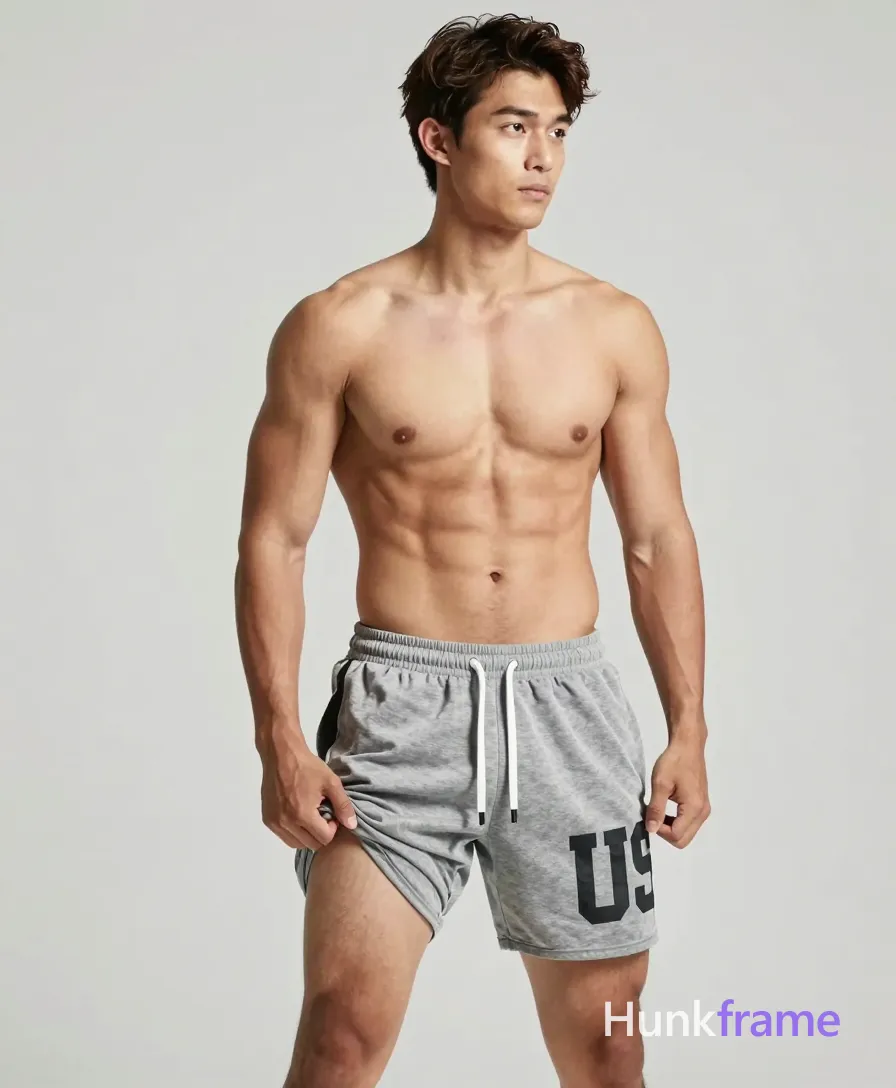 An athletic Caucasian man with light tan skin and short wavy dark brown hair stands in a high-contrast studio setting; He is shirtless, revealing defined pectorals, abdominal muscles, broad shoulders, and thick thighs partially visible as he grips the waistband of grey heathered athletic shorts at hip level; Both hands pull the shorts down mid-thigh to expose the large faded black 'US' graphic printed on the left thigh while white drawstrings hang freely; His torso turns slightly right with a neutral focused gaze directed away from camera against a plain light background, illuminated by softbox frontal lighting that emphasizes physique and form, same aesthetic theme and photo feel as the reference but a different man in a different pose with distinct body proportions, Chinese man, light tan skin, high cheekbones, lean wiry martial-arts physique; single clean uninterrupted photograph with a cohesive editorial composition and plain continuous surrounding surfaces