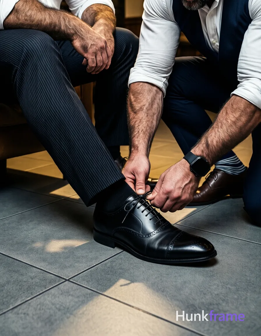 Muscle bear style close-up of two adult men with thick thighs and rugged build; one seated extending legs forward while the other kneels to assist tying black leather cap-toe dress shoe laces. Seated subject wears white long-sleeve button-up shirt cuffs and dark pinstripe suit trousers; kneeling subject wears solid-color trousers, striped socks, and a black smartwatch on right wrist. Indoor setting features large gray square tiled floors under warm directional lighting casting subtle shadows along tile seams. Monochrome palette of black, white, navy, and gray creates an atmosphere of broad shoulders, meaty chest presence, and dense body hair confidence with hands and legs dominating the frame., a single uninterrupted photograph only, no written words or typography anywhere in frame, no captions, no app UI, no social-media post layout, no screenshot borders