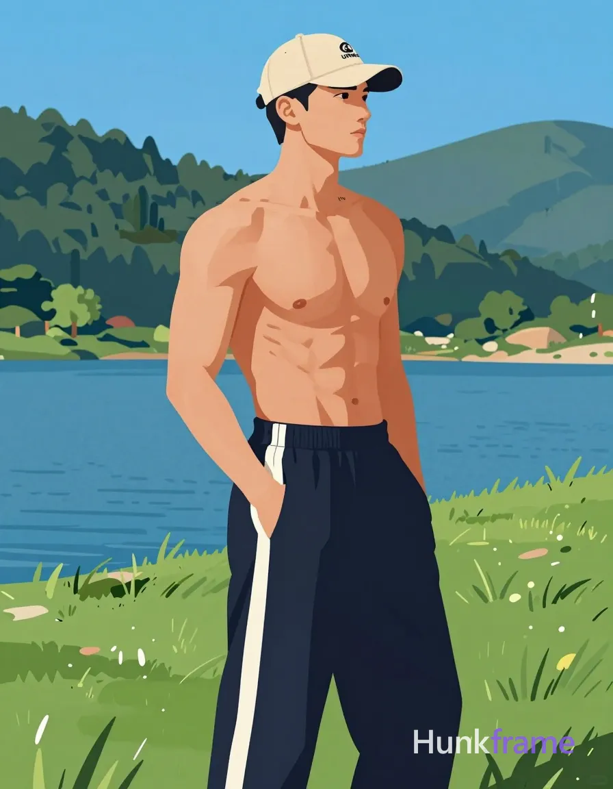 Bold flat-color poster design of an adult man standing in profile facing right on a grassy hillside, left hand resting inside pocket of dark navy track pants with white side stripes. Shirtless form highlighting broad shoulders, defined pectorals and abs, thick thighs; skin light to medium tan under bright natural sunlight casting strong directional shadows. Short dark hair under tan baseball cap with 'UNERA' text and an anonymous figure logo. Vertical portrait crop from head to upper thighs occupying left half of frame against blue lake and forested slopes background. High-contrast color blocking, clean vector line aesthetic, no extraneous text beyond small garment print reading HF on chest. Serene open-air masculine confidence mood. Include exactly one visible wordmark, spelled exactly "HF", as a small garment print; preserve its appropriate typography and scale. No other visible text, logo, caption, username, hashtag, comment, watermark, or UI chrome., same aesthetic theme and photo feel as the reference but a different man in a different pose with distinct body proportions, Chinese man, light tan skin, high cheekbones, lean wiry martial-arts physique, a single uninterrupted photograph only, no written words or typography anywhere in frame, no captions, no app UI, no social-media post layout, no screenshot borders