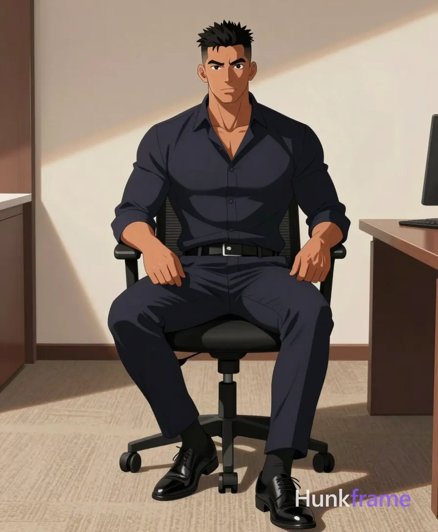 Asian man, medium skin tone, black short styled hair with fade sides and longer top, clean-shaven face, neutral direct gaze. Seated on office chair legs crossed at ankles left over right torso upright leaning slightly back arms resting on armrests lap. Wearing dark navy long-sleeve button-up shirt unbuttoned to chest matching dark navy trousers black dress shoes black socks. Modern office interior with beige carpeting and neutral walls soft directional studio lighting casting subtle shadows across broad shoulders defined chest thick thighs. High-resolution commercial photography clean composition full-body shot vertical orientation center-right seated on chair left side frame showing wall right side table edge polished anime 2.5D next-gen game art style expressive face athletic anatomy high-quality character rendering., same aesthetic theme and photo feel as the reference but a different man in a different pose with distinct body proportions, Black man, deep brown skin, cropped hair, broad shoulders, boxer physique not bodybuilder, a single uninterrupted photograph only, no written words or typography anywhere in frame, no captions, no app UI, no social-media post layout, no screenshot borders