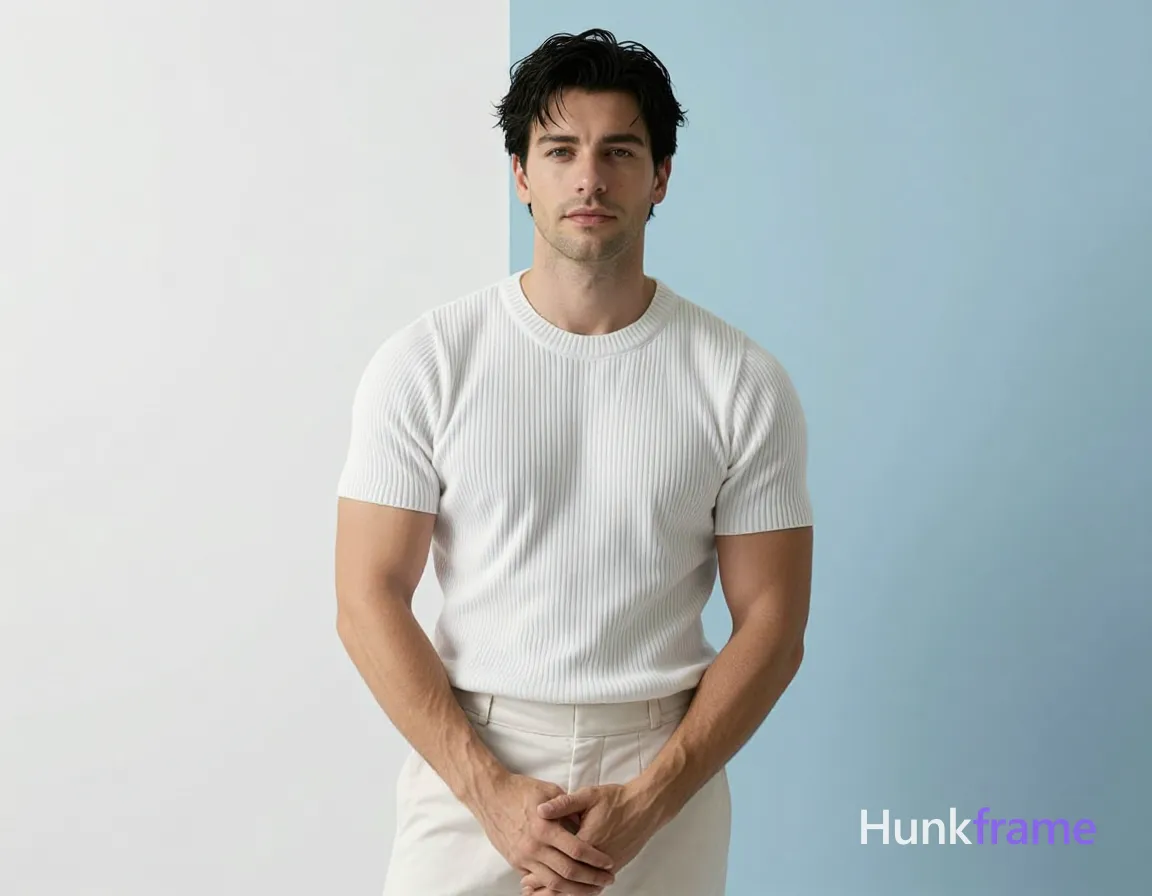 an anonymous figure adult man with fair to light tan skin and clean-shaven face He wears black medium-length textured crop cut above ears with slight volume at crown, white short-sleeve ribbed knit sweater covering torso fully, crew neck no chest exposure, off-white tailored trousers visible from waist to mid-thigh flat-front design; Hands clasped gently in front of lower abdomen at waist level reflecting naturally in mirror glass; Studio setting with plain two-tone background left white panel right light-blue panel; Softbox-style frontal lighting creating even illumination on face and torso, subtle shadow behind subject indicating single primary light source from front-left; High-key studio photography shallow depth of field sharp focus on face upper torso smooth skin texture rendered fine detail clean minimalist polished mood portrait centered vertically horizontally head occupies upper third frame torso fills middle section legs partially cropped at bottom edge, shot on iPhone 15 Pro main camera, authentic smartphone computational photography, natural Smart HDR, vertical 9:16 Xiaohongshu lifestyle post, bright clean gym or; single clean uninterrupted photograph with a cohesive editorial composition and plain continuous surrounding surfaces