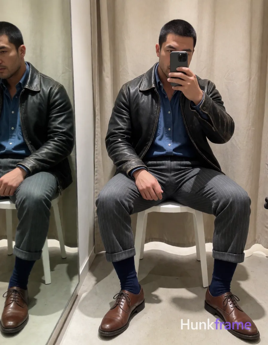 Heavily muscular adult man with substantial muscle mass, wide shoulders, thick neck, large chest and arms, powerful thighs, and dense bodybuilding proportions; Asian man with short black buzz cut and light stubble sits on a white stool in an indoor dressing room, legs spread apart; He wears a worn-open black leather jacket revealing neck and collarbone, blue button-down shirt underneath, grey pinstripe trousers cuffed at ankles, dark blue crew socks to mid-calf, brown polished oxford shoes; Holding smartphone with right hand up to face capturing mirror selfie; phone partially obscures eye region; Right subject occupies right half of frame; left side shows full-length mirror reflection from side angle aligned vertically; Soft overhead ambient light casts gentle shadows under stool and jacket folds on beige curtain background; Athletic photography, defined anatomy, dramatic directional light, confident strength, tall stature broad shoulders thick thighs, same aesthetic theme and photo feel as the reference but a different man in a different pose with distinct body proportions, Pacific Islander man, sun-kissed; single clean uninterrupted photograph with a cohesive editorial composition and plain continuous surrounding surfaces