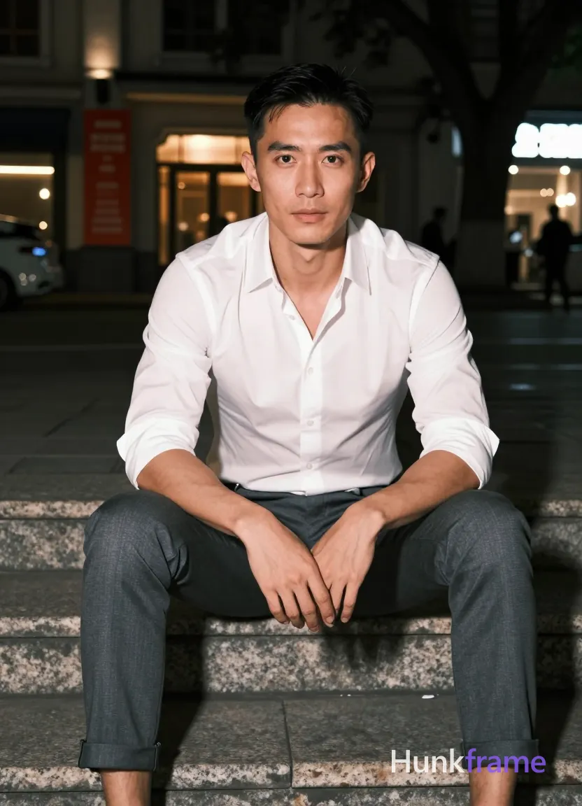 Photograph of exactly 1 adult man. Man 1: Asian, light-medium, oval with defined jawline, short black hair, straight texture, side-parted, clean-shaven head and neck. Man 1 has fully exposed eyes, eyebrows, temples and nose bridge. Broad shoulders with defined pectorals, toned abdomen. Seated on stone steps legs slightly apart hands interlaced between thighs. White long-sleeve button-up shirt sleeves rolled to mid-forearm dark grey slim-fit trousers cuffed at ankles. Full-body shot centered vertically portrait orientation 13:19 aspect ratio head to shoes. Urban night scene on stone steps in front of warmly lit building with red banners, trees. High-contrast artificial ambient street lighting warm background glow from storefronts sharply focused subject against softly blurred background. Fine-art fashion editorial photography dramatic night lighting polished confident mood evening elegance