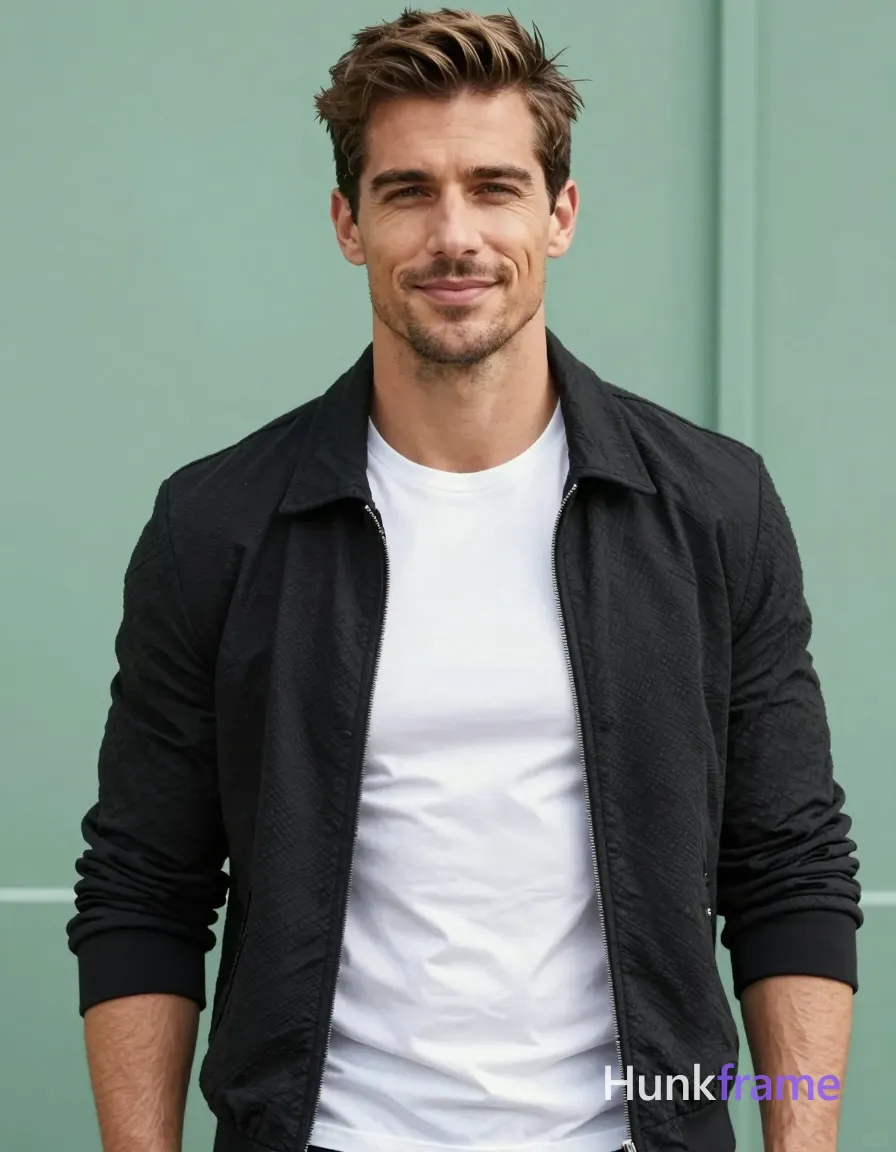 A handsome masculine man standing straight with a slight smile, wearing a black textured jacket over a white t-shirt. The image is a torso-only crop showing broad shoulders and defined abs. The background is a soft green wall under natural lighting, creating a casual yet authoritative atmosphere. The photo has a tack-sharp quality with subtle soft focus on the face and arms. The man's chest and arms are exposed, while he remains fully clothed otherwise