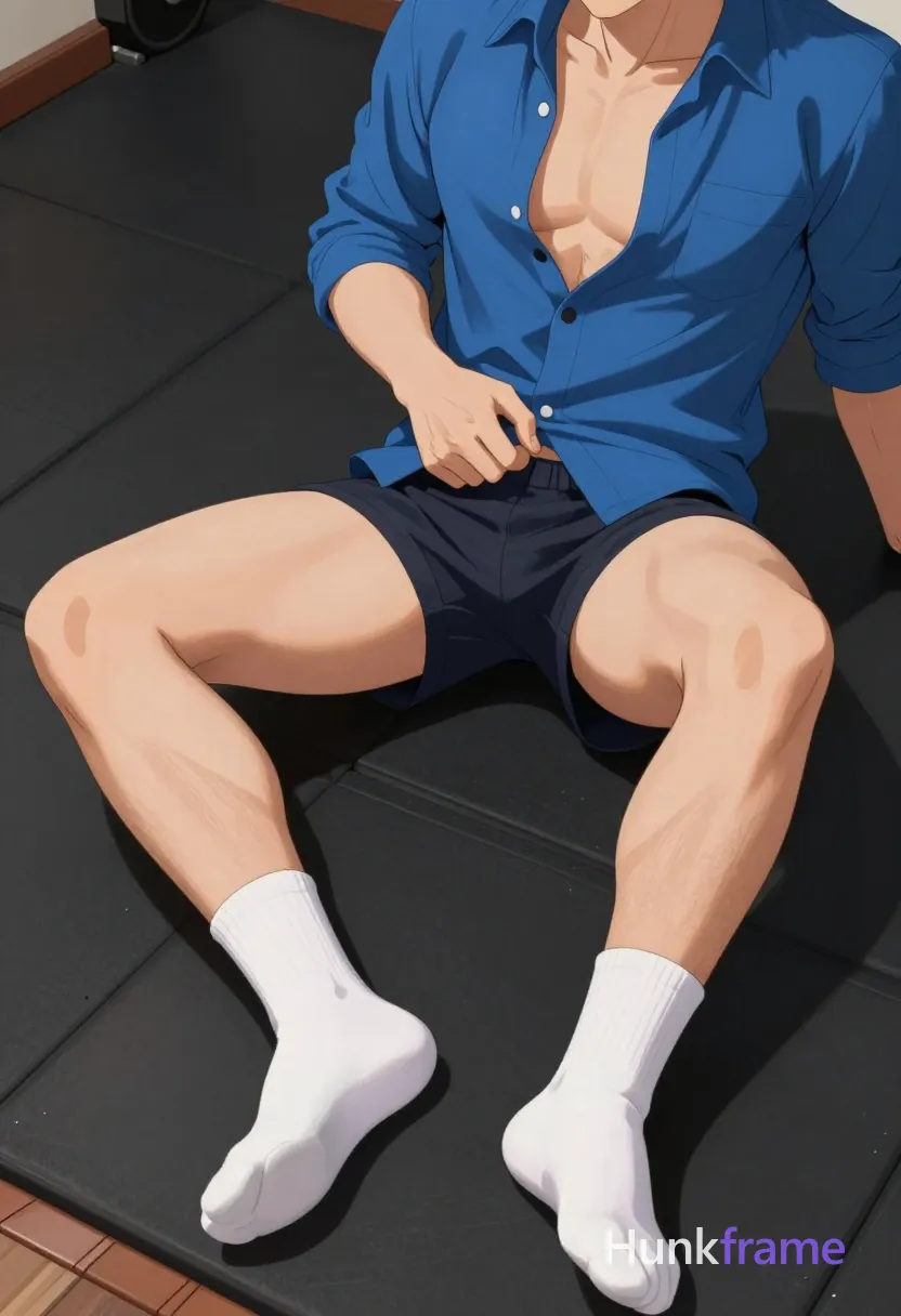 Polished anime 2.5D next-gen 3D game art style of adult man seated on black rubber gym flooring, legs extended forward with knees slightly bent; right hand pulling up the waistband of dark shorts or underwear near the crotch area while wearing a blue button-up shirt that is partially unbuttoned and sleeves rolled; Shirtless adult male torso visible but head out of frame center-right; Thick thighs, defined quadriceps and hamstrings exposed fully; White crew socks on both feet; Indoor gym setting with brown leather bench edge bottom-left; Soft directional lighting highlighting leg musculature; Vertical portrait 13:19 aspect ratio; High-quality character rendering expressive athletic anatomy; single clean uninterrupted artwork with a cohesive composition and plain continuous surrounding surfaces
